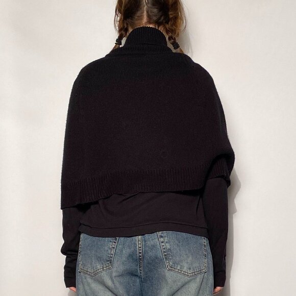 Vintage Y2K Black Knit Funnel Neck Cropped Double Breasted Poncho Cape! One Size - Picture 6 of 8
